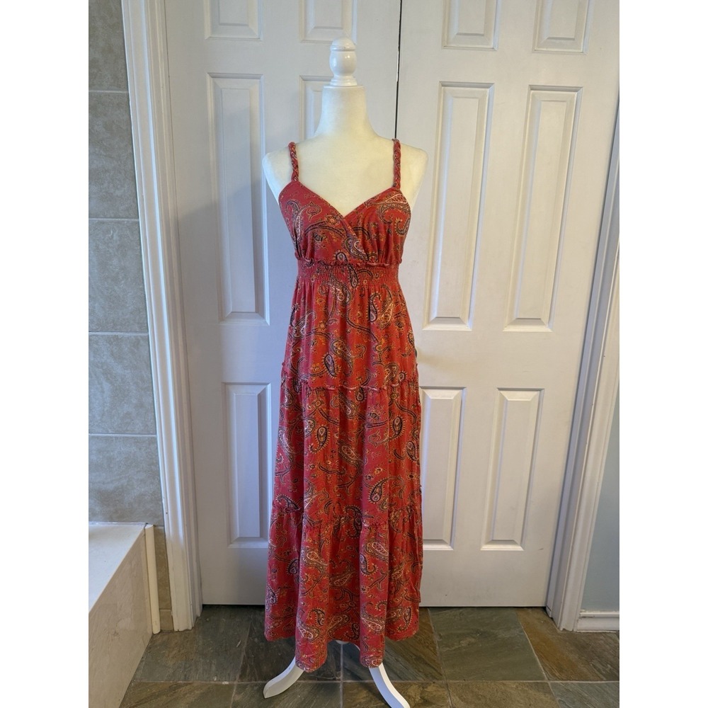 Y2K Paisley Tiered Cotton Smocked Maxi‎ Dress XS Fairy Boho Folk Artsy Cottage